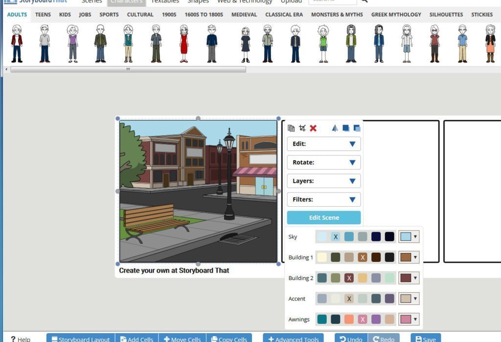 StoryboardThat Ausschnitt mit Auswahl der Avatare und des Hintergrundes