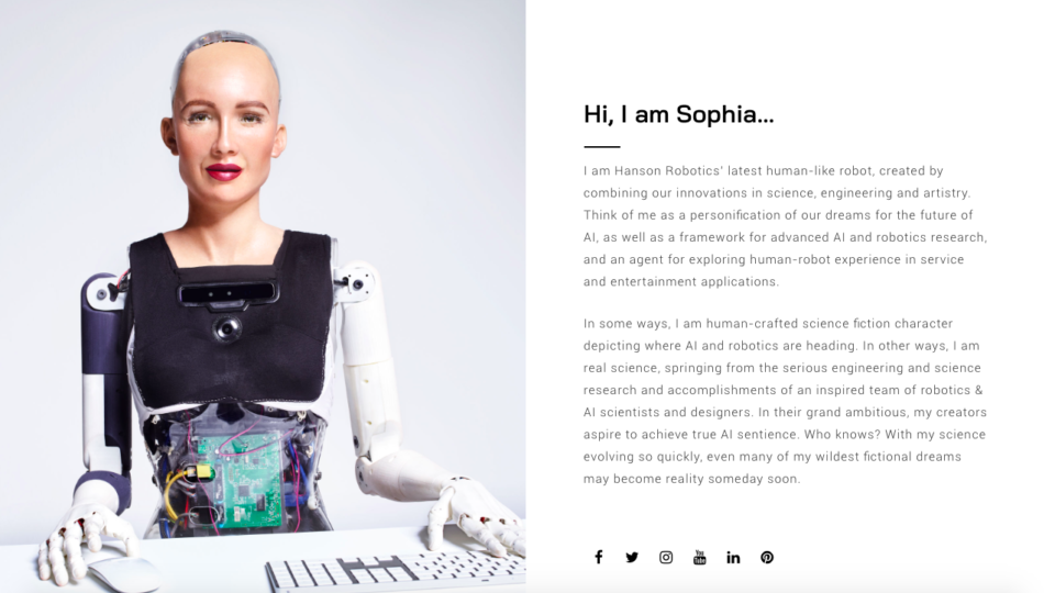 Vorstellung des menschenähnlichen Roboters Sophia von hansonrobotics.com. Screenshot der Website hansonrobotics.com