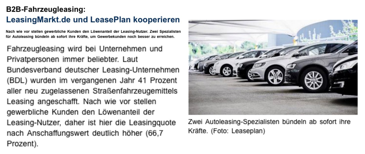 Ausschnitt eines Automobilwoche Artikel zur LeasingMarkt.de und LeasePlan Kooperation