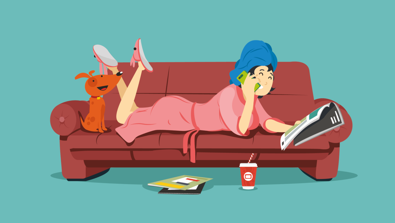Frau liest Zeitschrift auf ihrer Couch