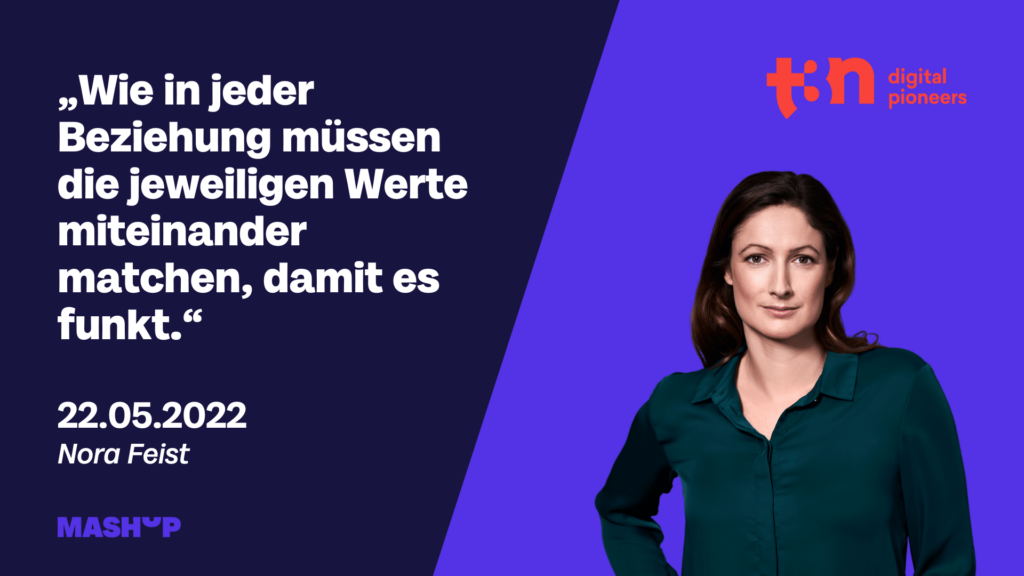 Nora Feist vor einem lilafarbenen Hintergrund mit dem Zitat: "Wie in jeder Beziehung müssen die jeweiligen Werte miteinander matchen, damit es funkt." - t3n Beitrag