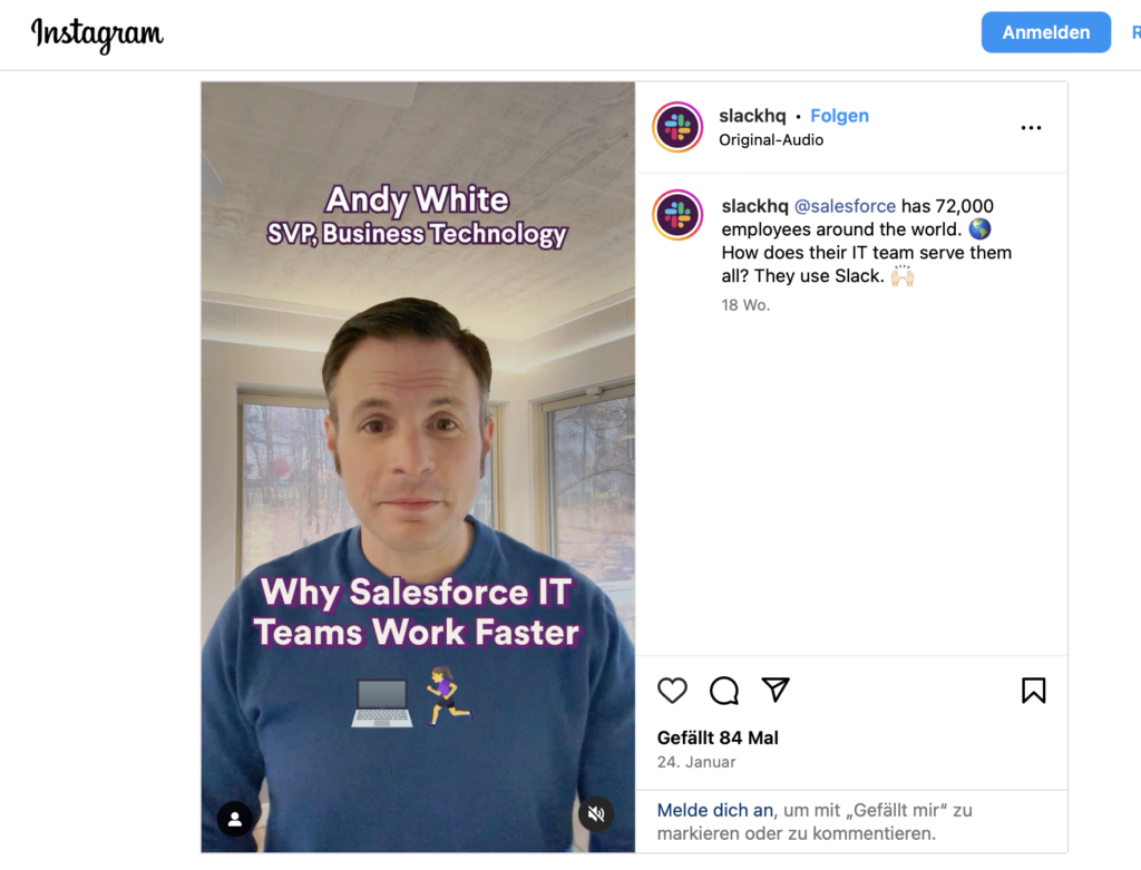 Ein Screenshot der Instagram-Seite von Slack
