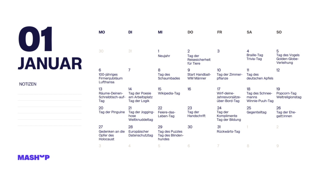 Januar 2025 - Social-Media-Kalender: Aktionstage, Feiertage & Gedenktage 2025